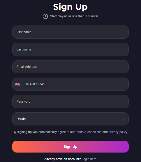 Gxmble Casino registration form